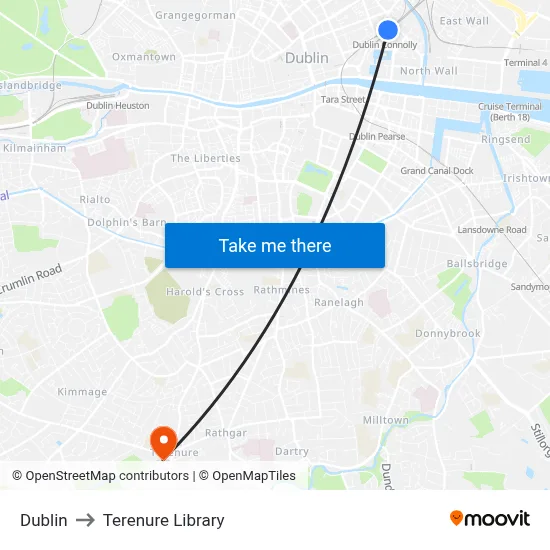 Dublin to Terenure Library map