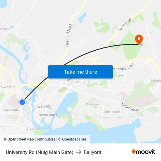 University Rd (Nuig Main Gate) to Ballybrit map
