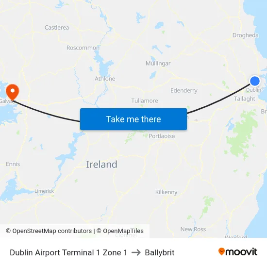 Dublin Airport Terminal 1 Zone 1 to Ballybrit map