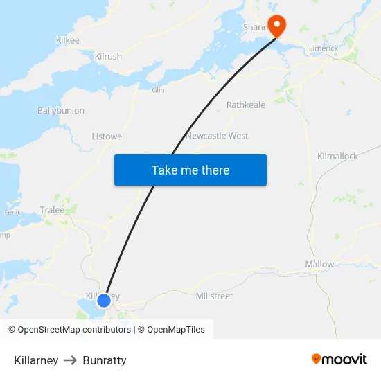 Killarney to Bunratty map