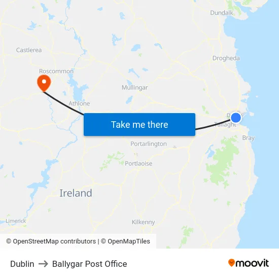 Dublin to Ballygar Post Office map