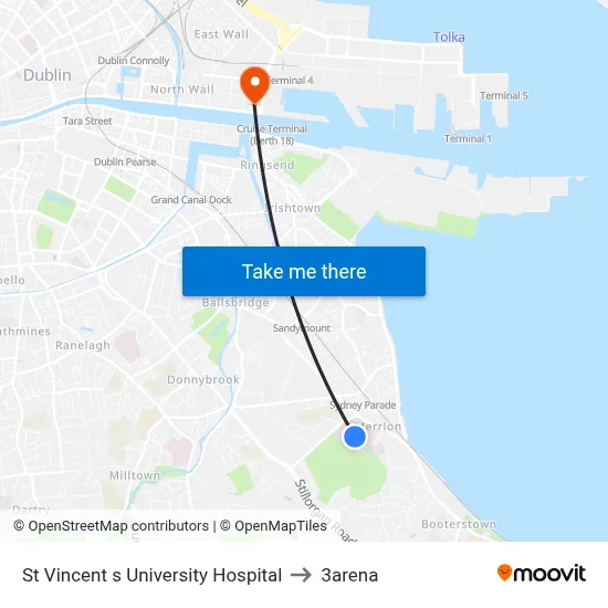 St Vincent s University Hospital to 3arena map