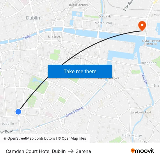 Camden Court Hotel Dublin to 3arena map
