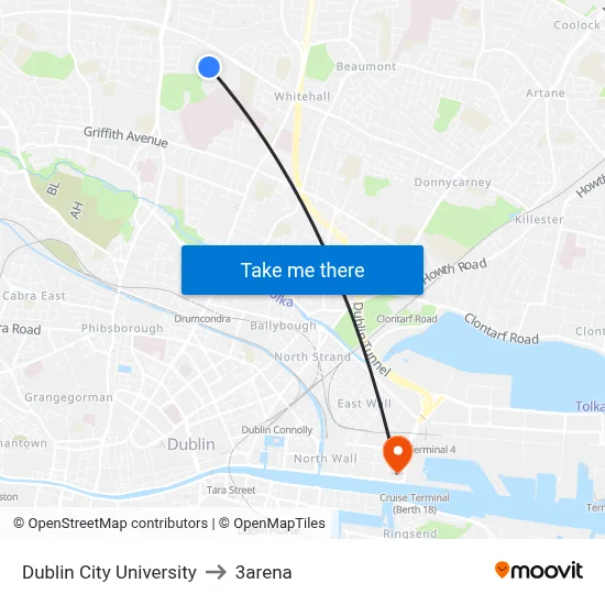 Dublin City University to 3arena map