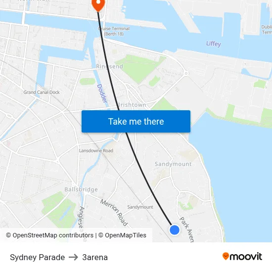 Sydney Parade to 3arena map