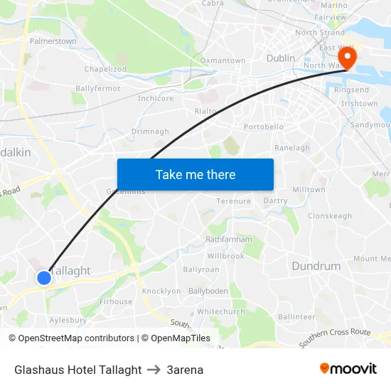 Glashaus Hotel Tallaght to 3arena map