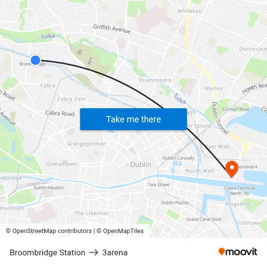 Broombridge Station to 3arena map