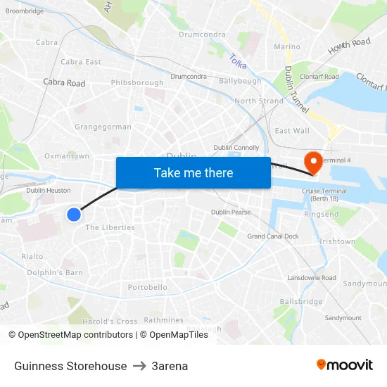 Guinness Storehouse to 3arena map