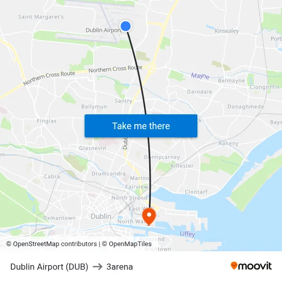 Dublin Airport (DUB) to 3arena map
