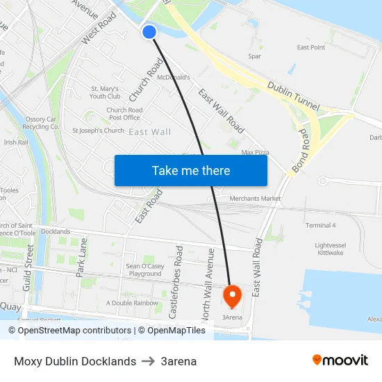 Moxy Dublin Docklands to 3arena map