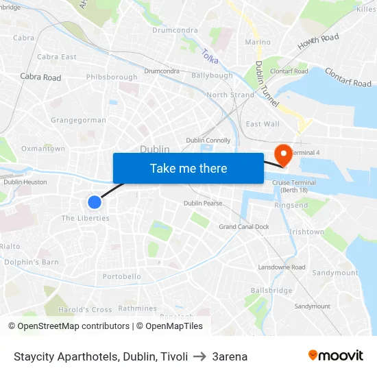 Staycity Aparthotels, Dublin, Tivoli to 3arena map