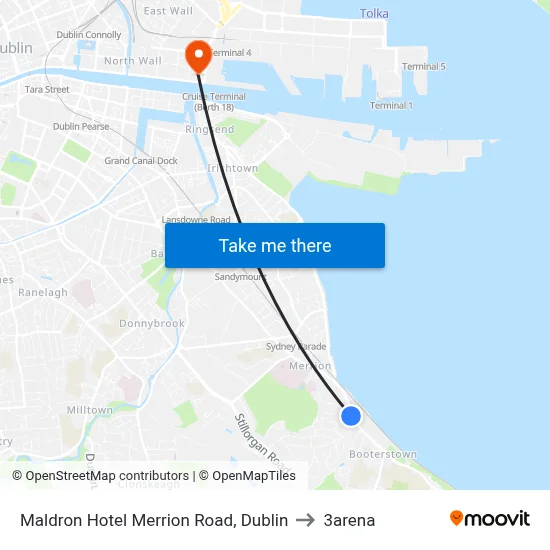 Maldron Hotel Merrion Road, Dublin to 3arena map