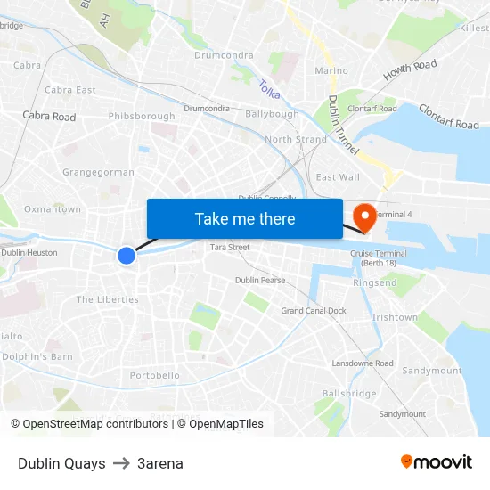 Dublin Quays to 3arena map