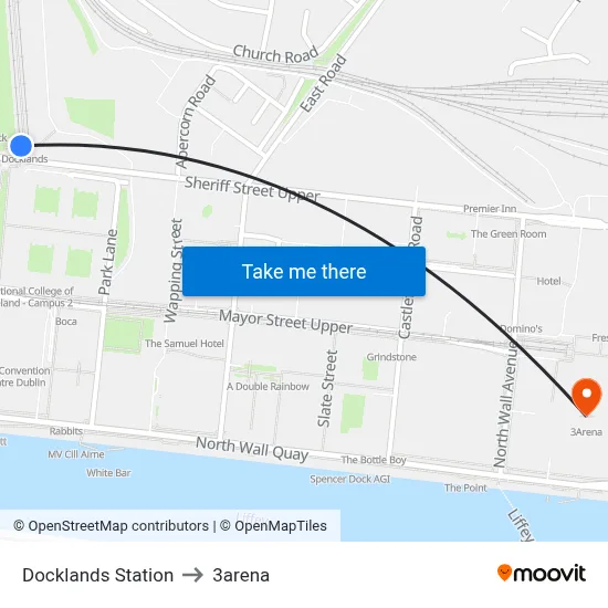Docklands Station to 3arena map