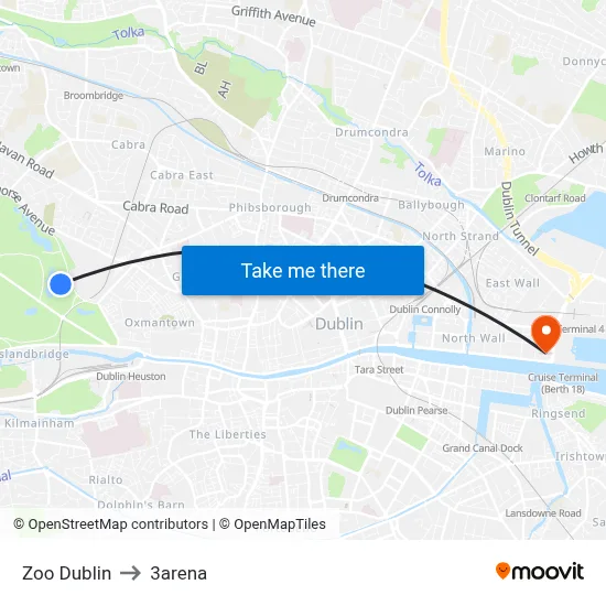 Zoo Dublin to 3arena map