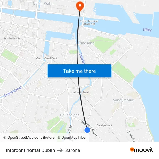 Intercontinental Dublin to 3arena map