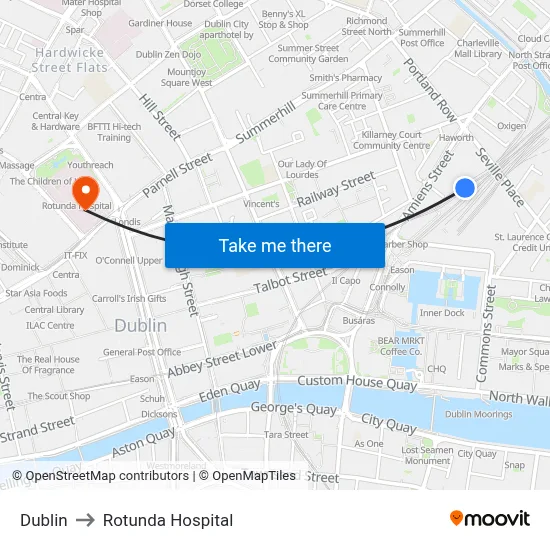 Dublin to Rotunda Hospital map