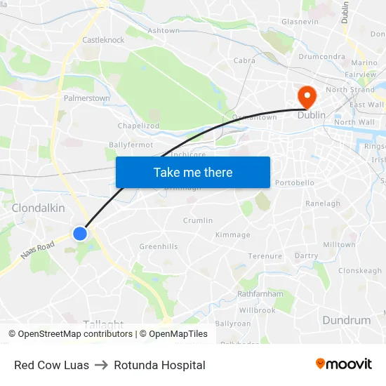 Red Cow Luas to Rotunda Hospital map