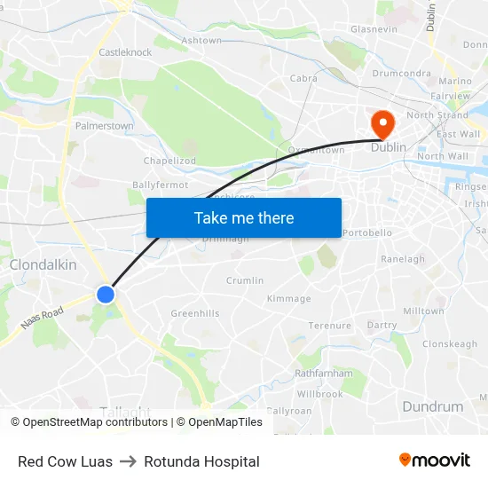 Red Cow Luas to Rotunda Hospital map