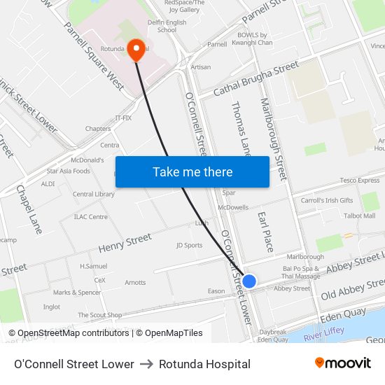 O'Connell Street Lower to Rotunda Hospital map