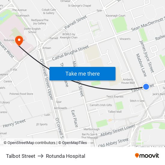 Talbot Street to Rotunda Hospital map