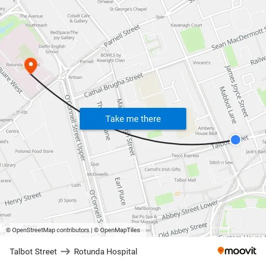 Talbot Street East to Rotunda Hospital map