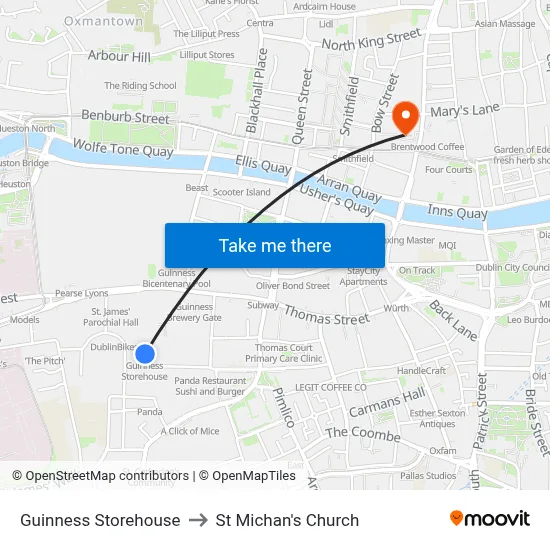 Guinness Storehouse to St Michan's Church map