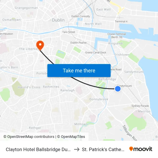 Clayton Hotel Ballsbridge Dublin to St. Patrick's Cathedral map