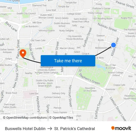 Buswells Hotel Dublin to St. Patrick's Cathedral map