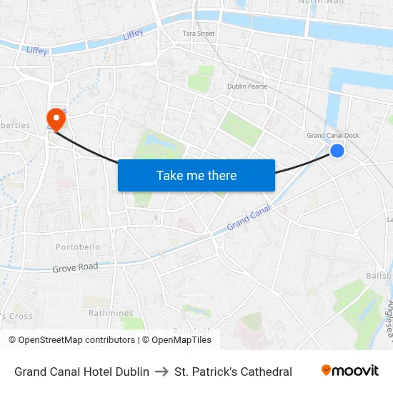 Grand Canal Hotel Dublin to St. Patrick's Cathedral map