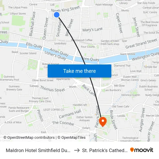 Maldron Hotel Smithfield Dublin to St. Patrick's Cathedral map