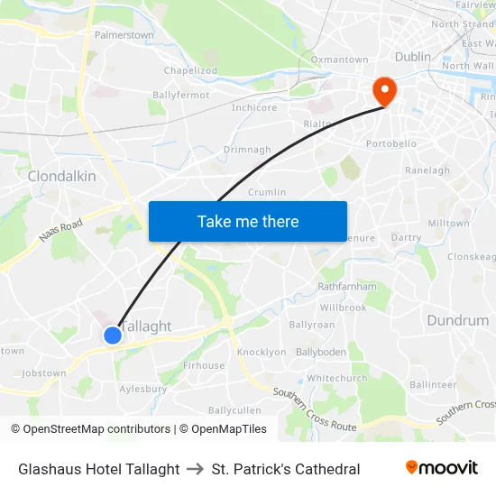 Glashaus Hotel Tallaght to St. Patrick's Cathedral map