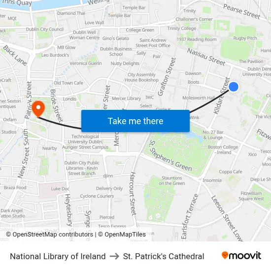 National Library of Ireland to St. Patrick's Cathedral map