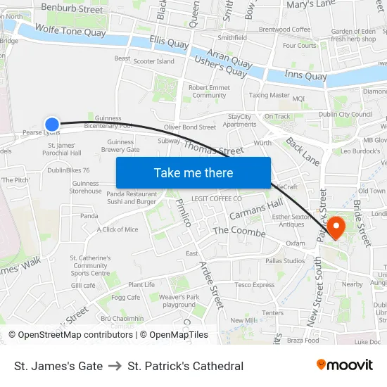 St. James's Gate to St. Patrick's Cathedral map