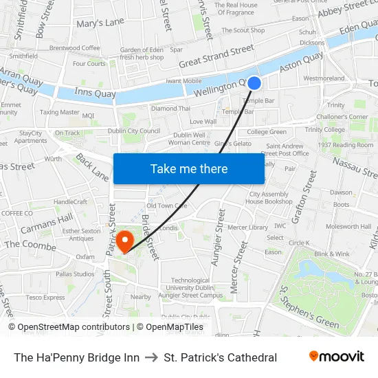 The Ha'Penny Bridge Inn to St. Patrick's Cathedral map