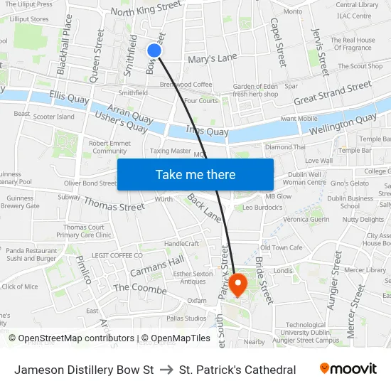 Jameson Distillery Bow St to St. Patrick's Cathedral map