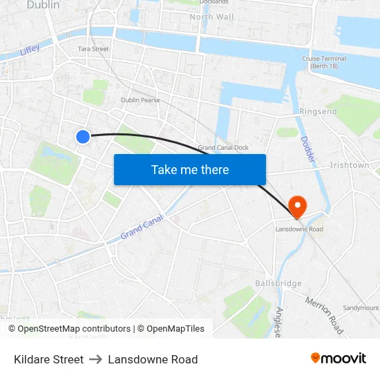 Kildare Street to Lansdowne Road map
