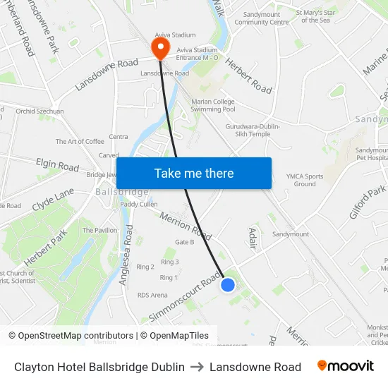 Clayton Hotel Ballsbridge Dublin to Lansdowne Road map