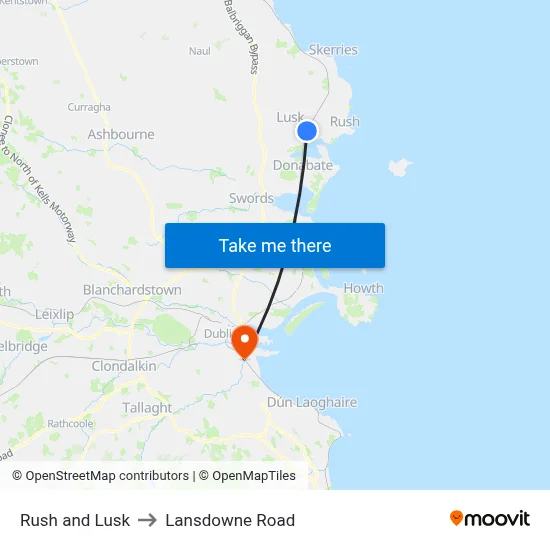Rush and Lusk to Lansdowne Road map