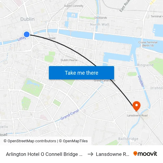 Arlington Hotel O Connell Bridge Dublin to Lansdowne Road map