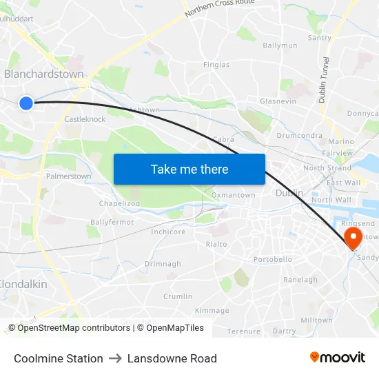 Coolmine Station to Lansdowne Road map