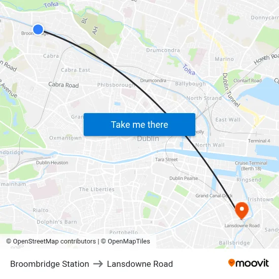 Broombridge Station to Lansdowne Road map