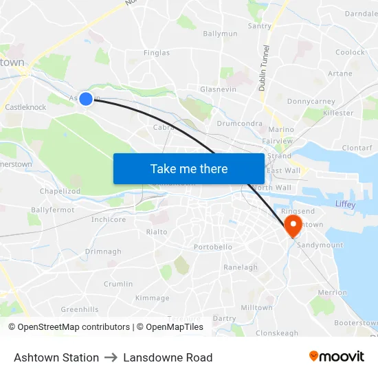 Ashtown Station to Lansdowne Road map