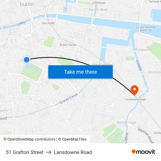 51 Grafton Street to Lansdowne Road map