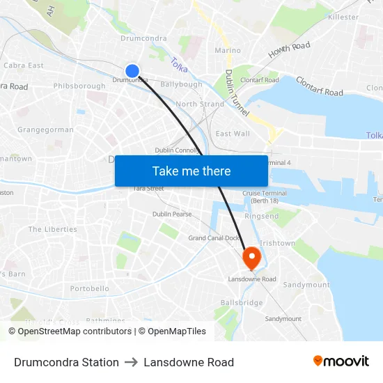 Drumcondra Station to Lansdowne Road map