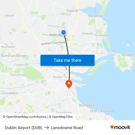 Dublin Airport (DUB) to Lansdowne Road map