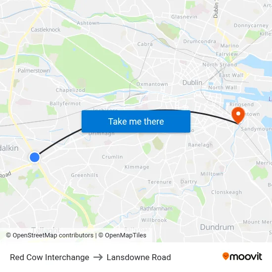 Red Cow Interchange to Lansdowne Road map