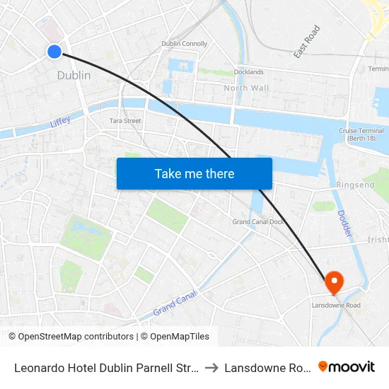 Leonardo Hotel Dublin Parnell Street to Lansdowne Road map