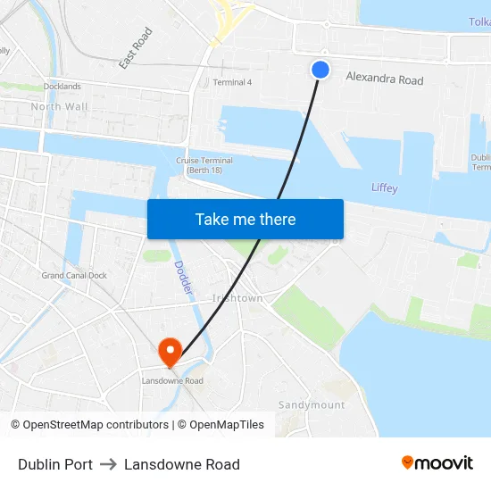 Dublin Port to Lansdowne Road map