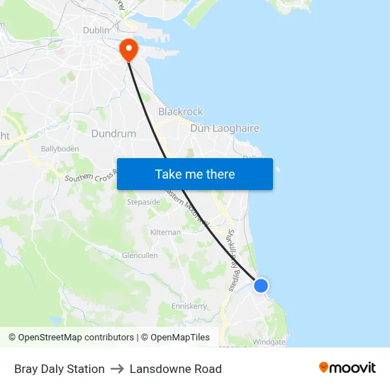 Bray Daly Station to Lansdowne Road map